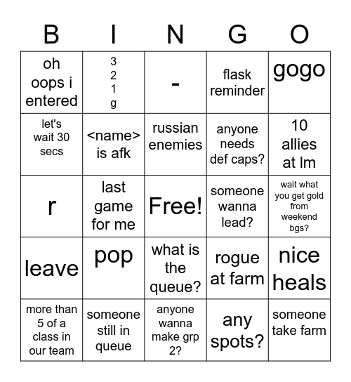 AB Premade life Bingo Card