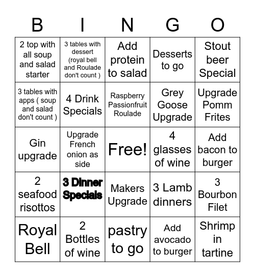 Dinner Bingo Bongo Bingo Card