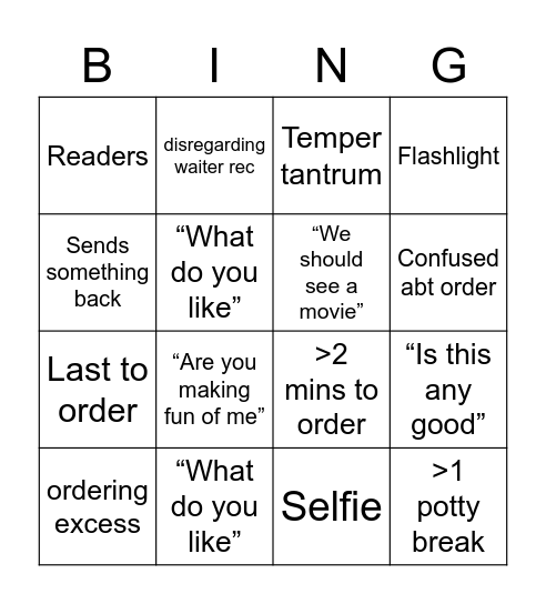 Dad Dinner Bingo Card
