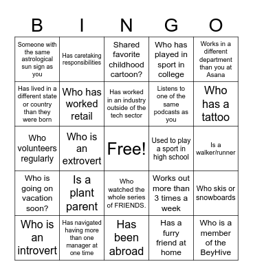 Bonding Bingo Card