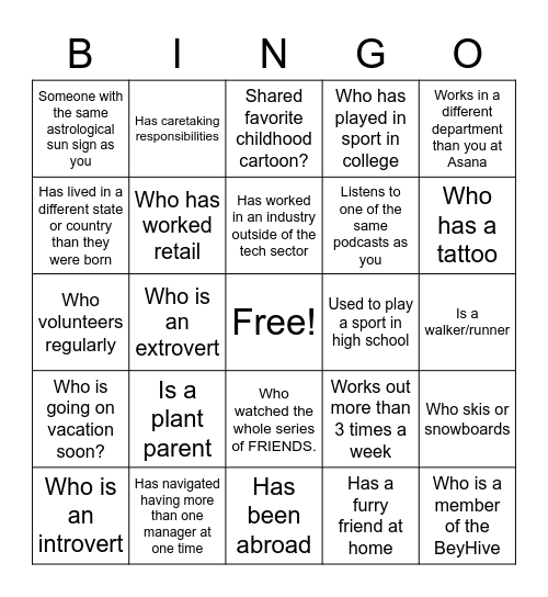 Bonding Bingo Card