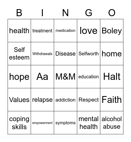 RECOVERY Bingo Card