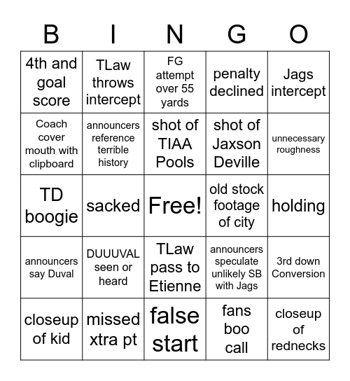 Jags Chargers Bingo Card