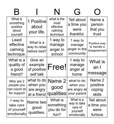 Coping Skills Bingo Card