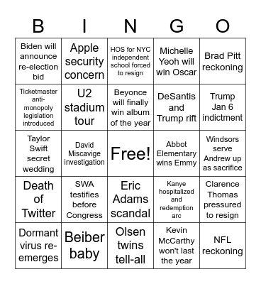 Susannah's 2023 Bingo Card