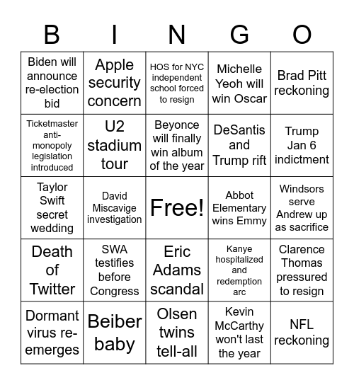 Susannah's 2023 Bingo Card
