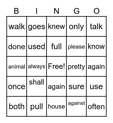 Trick Words 2-1 Bingo Card