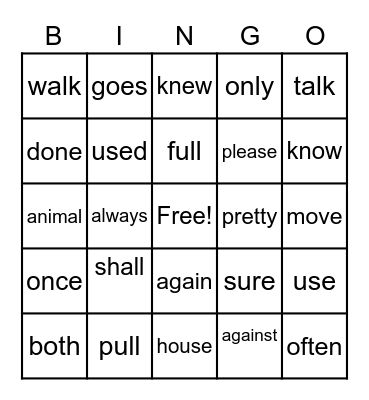 Trick Words 2-1 Bingo Card