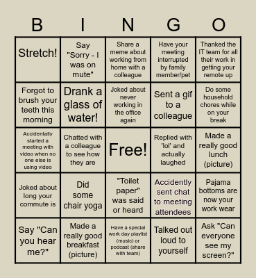 Remote Work Bingo Card