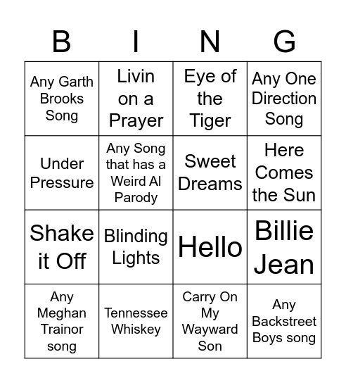 Country Club Songs Bingo Card