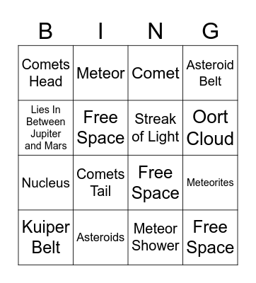 Comets, Meteoroids, And Asteroids Bingo Card