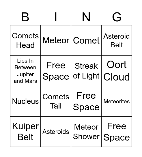 Comets, Meteoroids, And Asteroids Bingo Card