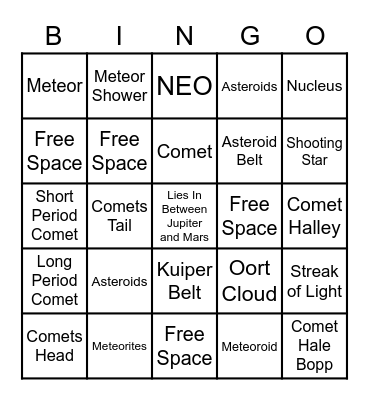 Comets, Meteoroids, And Asteroids Bingo Card
