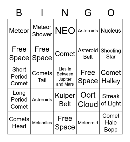 Comets, Meteoroids, And Asteroids Bingo Card
