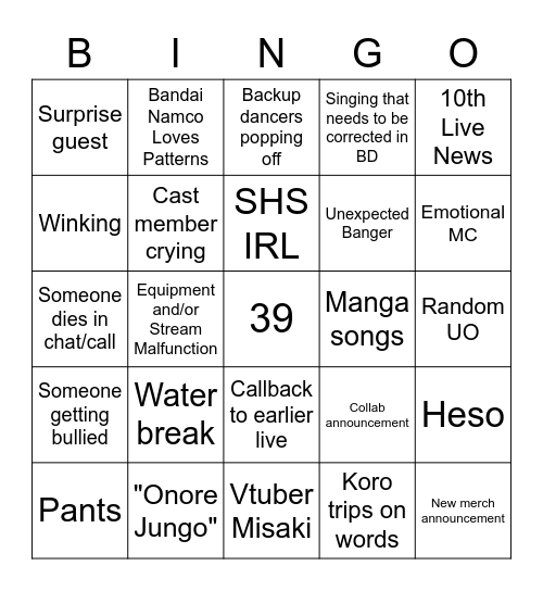 ML 9th Live Bingo Card