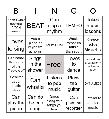 Music Getting to know you BINGO Card