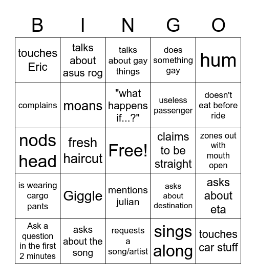 Car Ride With James Bingo Card