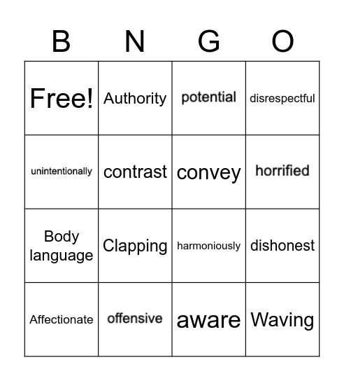 body language Bingo Card