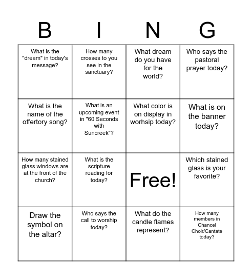 Confirmation Worship Bingo Card