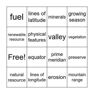 Vocabulary Bingo Card