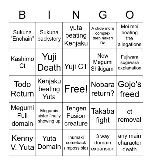Jujutsu Kaisen Bingo! Bingo Card