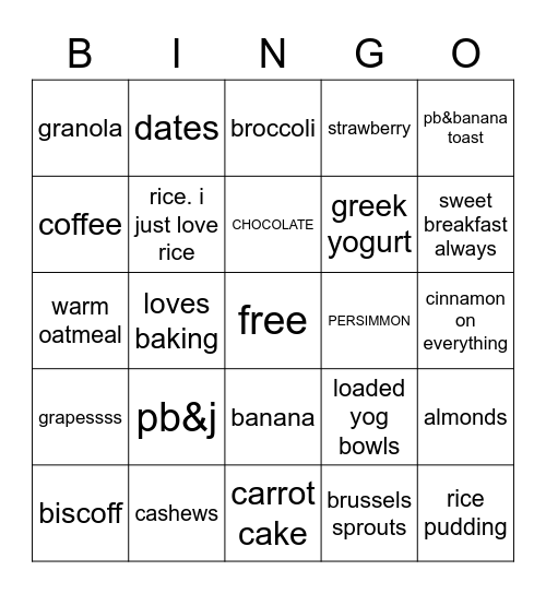 lia’s food bingo Card