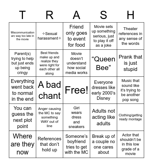 Bad Teen Movie Bingo Card