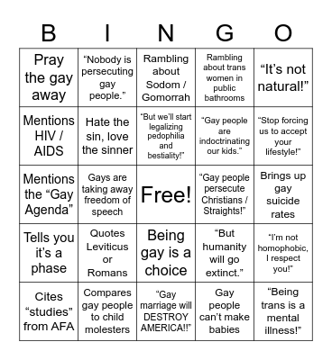 Homophobic Christian Bingo Card