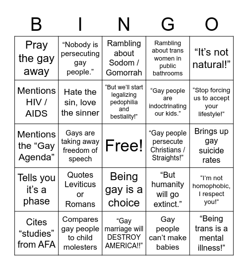 Homophobic Christian Bingo Card