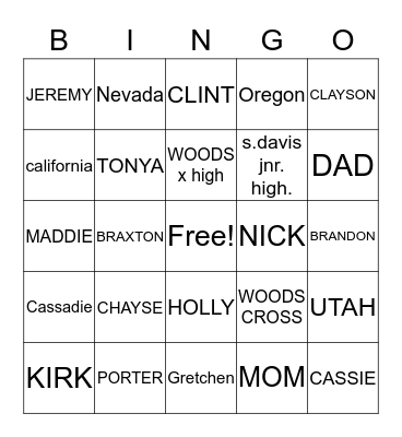 BELL FAMILY BINGO Card