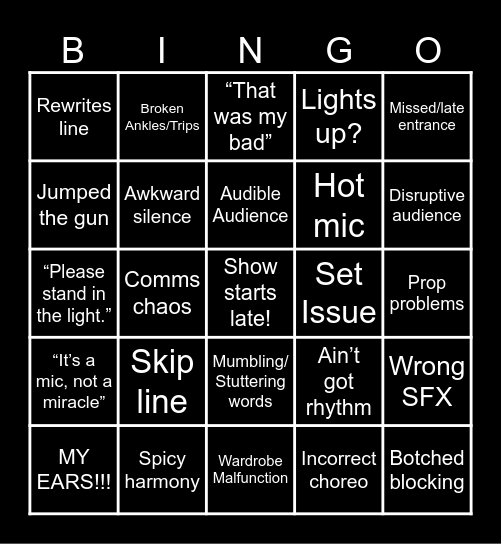 Show Day Mishaps Bingo Card