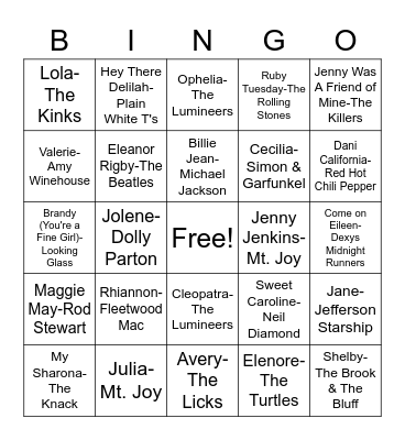 G*rl Names Bingo Card