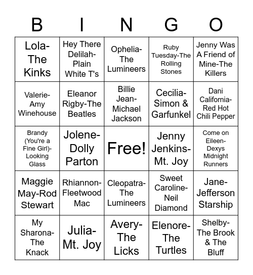 G*rl Names Bingo Card