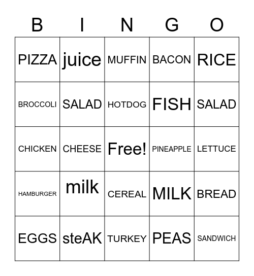 Food Bingo Card