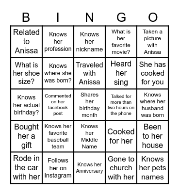 Anissa's 50th Birthday Bingo Card