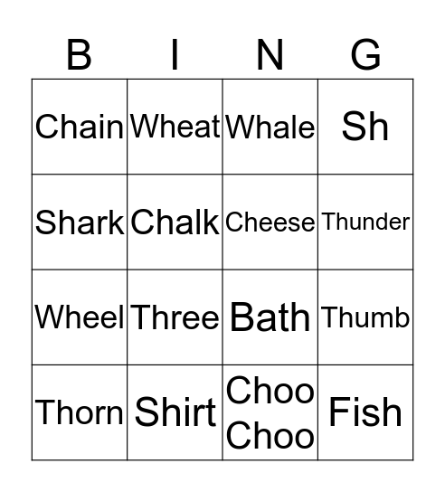'CH', 'SH', 'WH', 'TH' Bingo Card