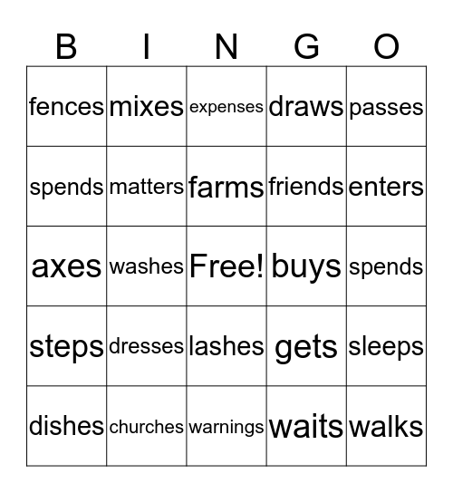 Plural Words (s and es) Bingo Card