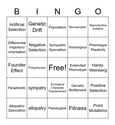 Evolution Bingo Card