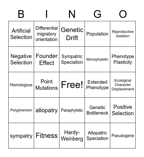 Evolution Bingo Card