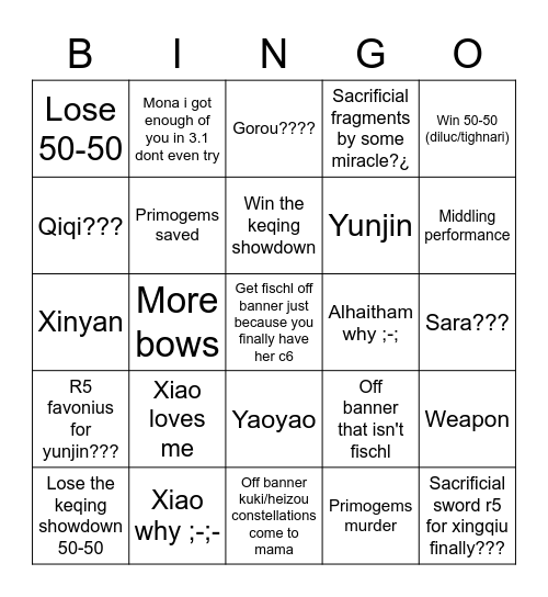 3.4 day 1 gacha Bingo Card