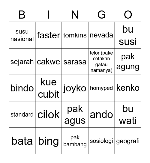 ningie Bingo Card