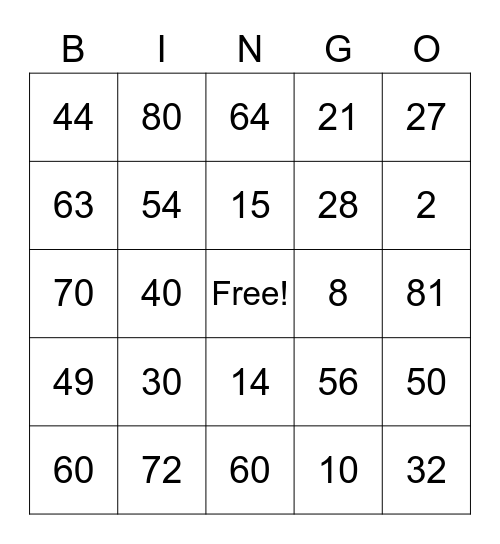 Multiplication Bingo Card