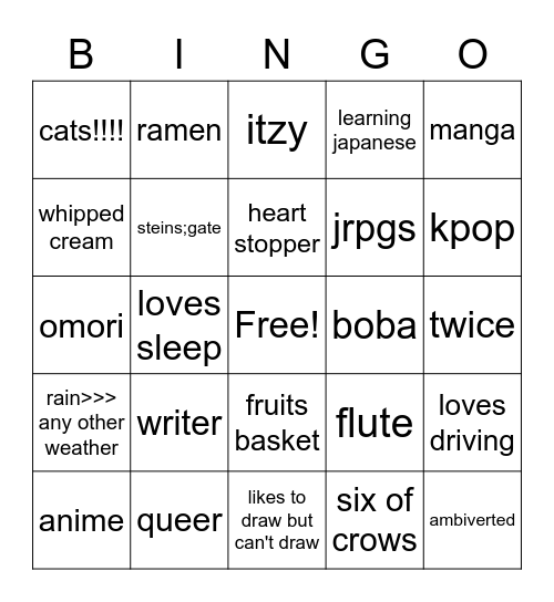 O G N I B Bingo Card