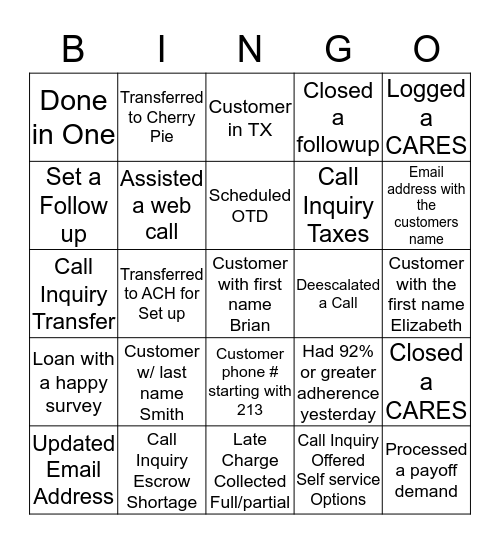 Call Center Bingo ! Bingo Card