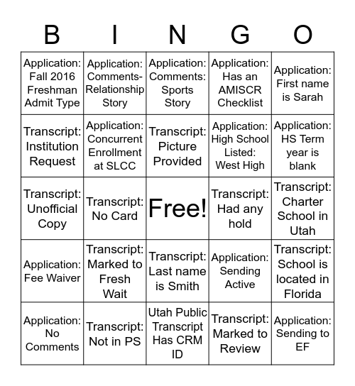 Domestic Undergraduate Bingo  Bingo Card