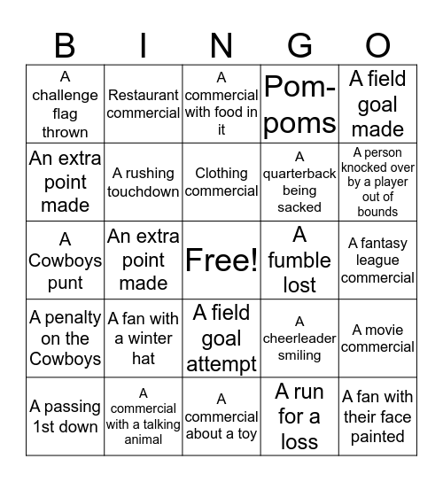 Cowboys-Panthers Bingo Card