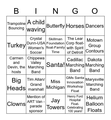 Detroit Thanksgiving Parade Bingo 2015 Bingo Card