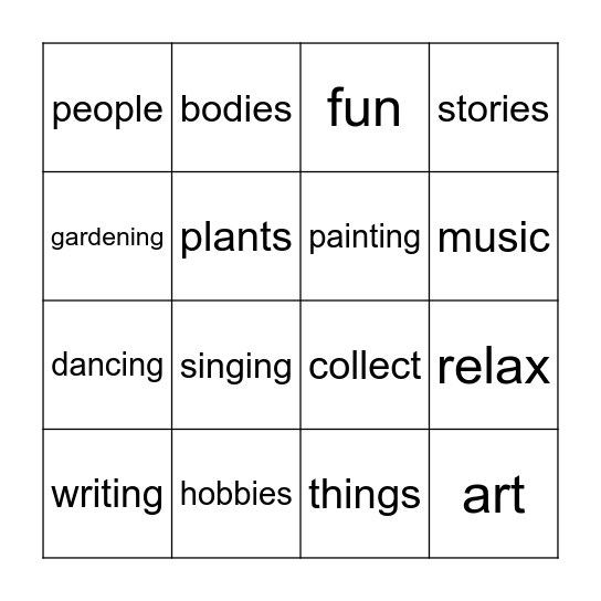 Hobbies Bingo Card