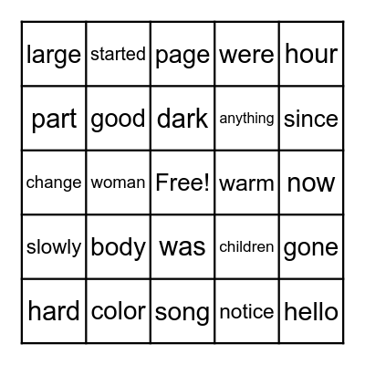 High Frequency Words Bingo Card