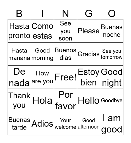 Spanish Greetings Bingo Card